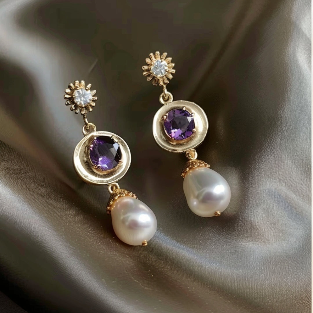 Yanet® | Rounded Golden Purple Zirconia Pearl Earrings