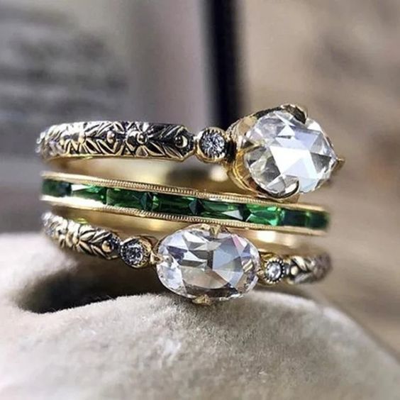 Delta® | Vintage Layered Gold Green Zirconia Ring Set