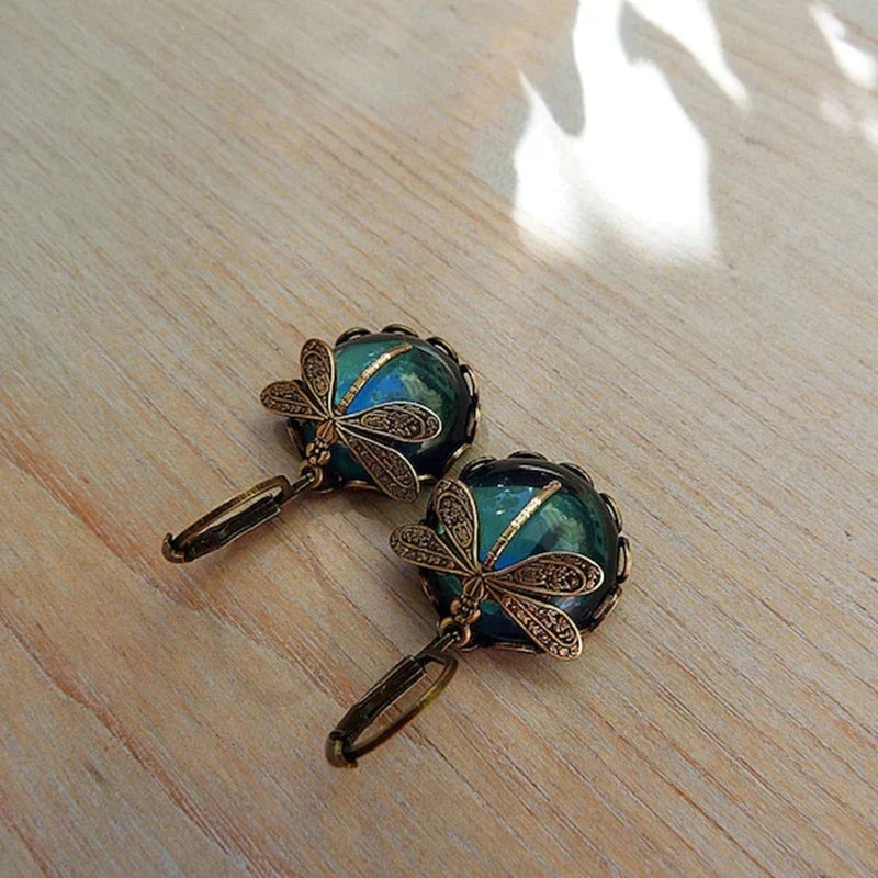Hestia® | Spherical Dragonfly Earrings in Antique Gold