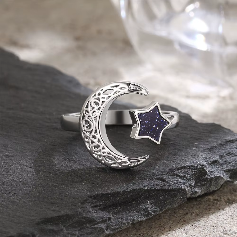 Runa® | Vintage Adjustable Silver Moon and Star Ring