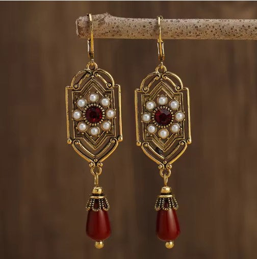Raquel® | Regal Pearl Red Waterdrop Stone Earrings
