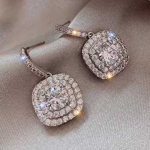 Lina® | Vintage Silver Square White Stone Dangle  Earrings