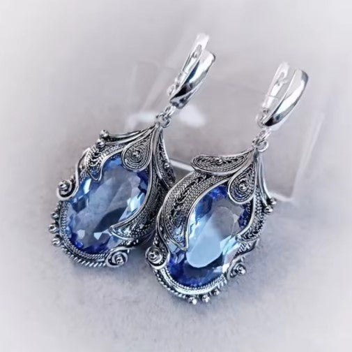 Glenda® | Vintage Silver Inlaid Sea Blue Stone Earrings