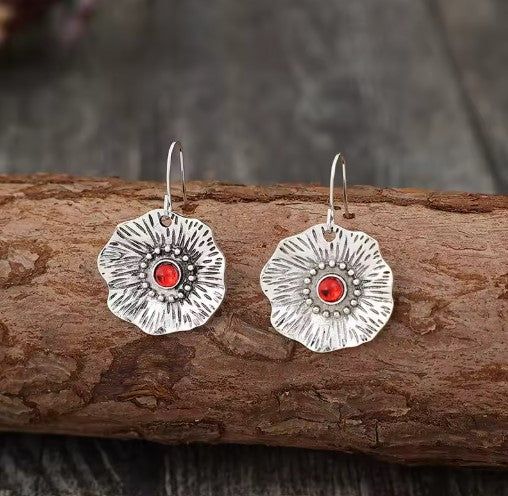 Yvonne® | Vintage Round Red Stone Flower Earrings
