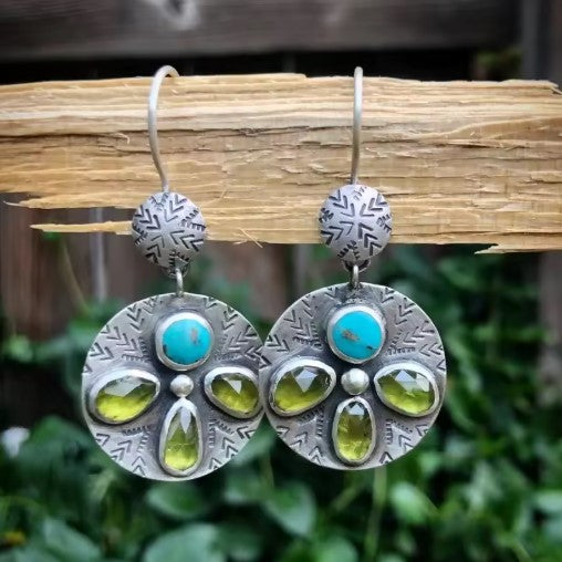 Iris® | Vintage Water Droplet Inlaid Olive Stone Earrings