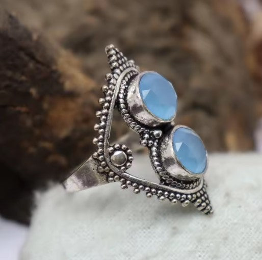 Fauna® | Vintage Hollow Silver Blue Stones Ring