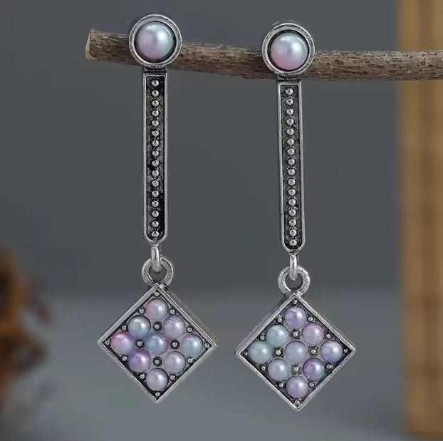 Nala® | Vintage Long Square Purple Stone Silver Earrings