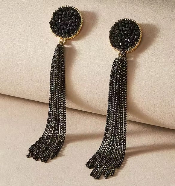 Indira® | Vintage Black Long Style Inlaid Rhinestone Fringed Earrings