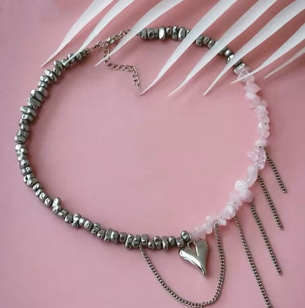 Mariana® | Pink Stone Beads Chain Heart Pendant Necklace