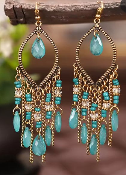 Trinidad® | Vintage Green Water Drop Tassel Earrings