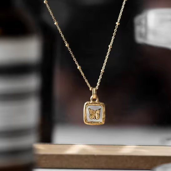 Thalía® | Golden Square  Butterfly Pendant Necklace