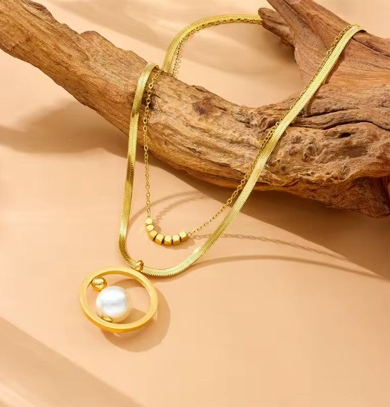 Rosario® | Golden Circular Inlay Pearl Double Layer Necklace
