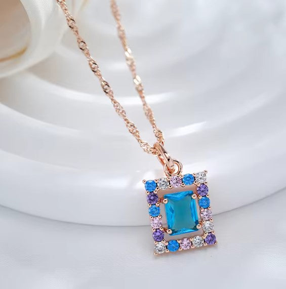 Victoria® | Rose Gold Square Blue Natural Zircon Necklace