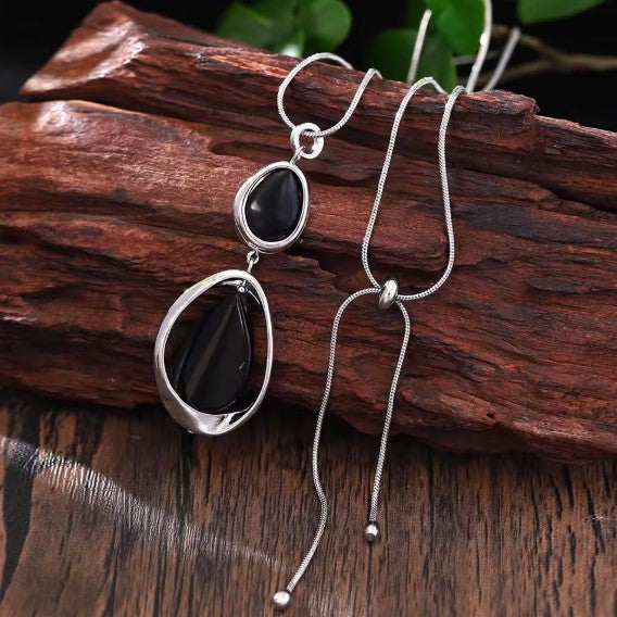 Glenda® | Fashion Black Stone Pendant Silver Necklace