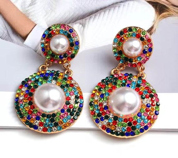 Lorena® | Elegant Colorful Rhinestone Round Drop Earrings