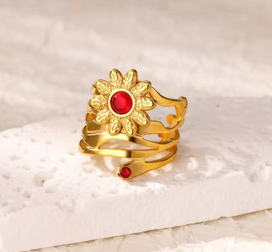 Ginebra® | Classic Red Stone Sun Flower Ring