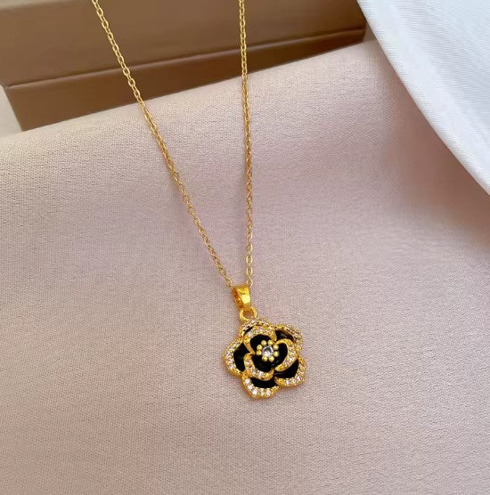 Phoebe® | Black Camellia Flower Pendant Necklace