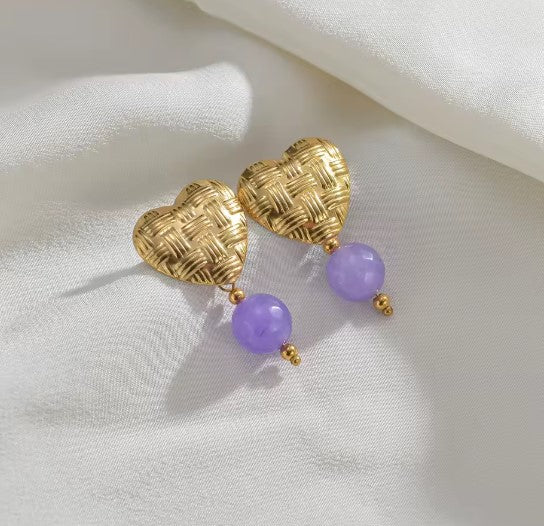 Demetria® | Classic Purple Beads Gold Heart Earrings