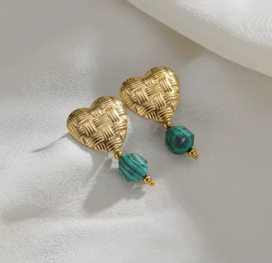 Nova® | Classic Green Beads Gold Heart Earrings
