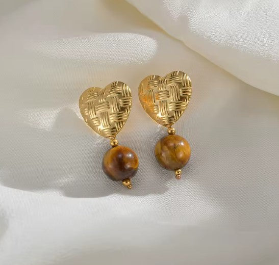 Enya® | Classic Brown Beads Gold Heart Earrings