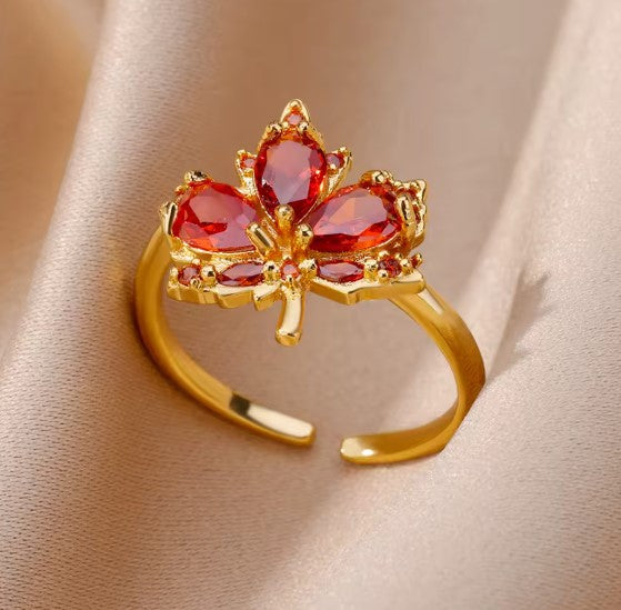 Hermione® | Classic Red Zircon Maple Leaf Open Ring