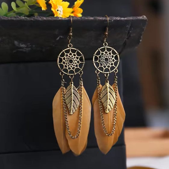 Leandra® | Bohemian Dream Catcher Feather Long Earrings