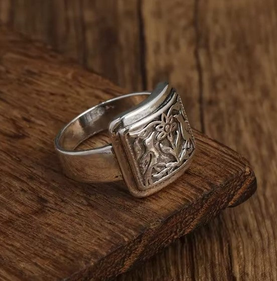 Blanca® | Vintage Flower Bird Carved Silver Ring