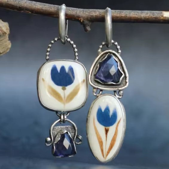 Camila® | Vintage Flower Carving Blue Stone Dangle Silver Earrings
