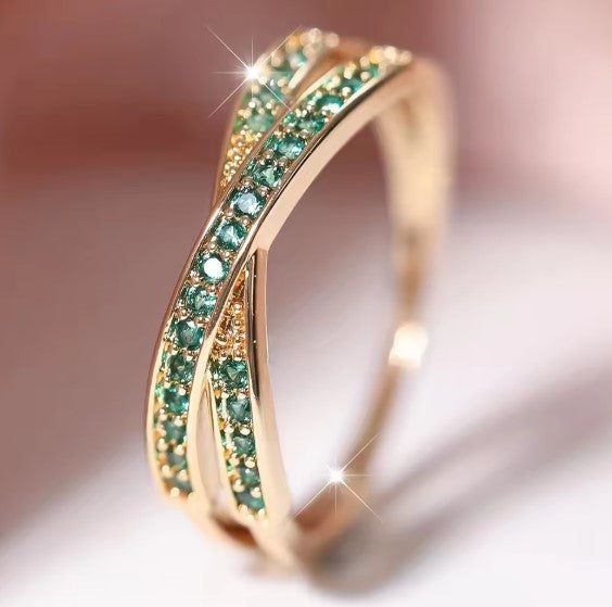 Zulema® | Minimalist Stacking Crossed Green Stone Ring