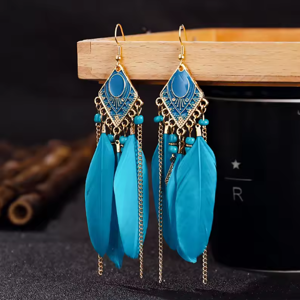 Niamh® | Bohemian Long Chain Blue Feather Tassel Earrings