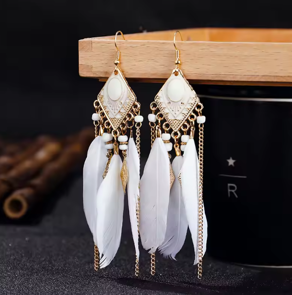 Odelia® | Bohemian Long Chain White Feather Tassel Earrings