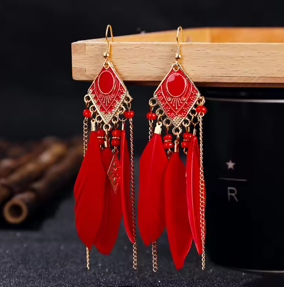 Nyssa® | Bohemian Long Chain Red Feather Tassel Earrings