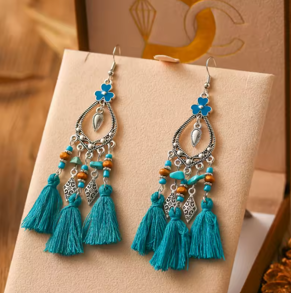 Theodora® | Boho Light Blue Flower Stone Beads Tassel Earrings