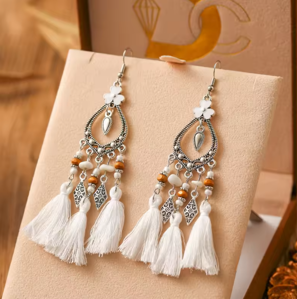 Maeve® | Bohemian Flower Stone Beads White Tassel Earrings