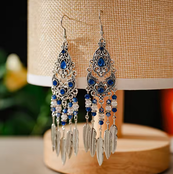 Mabel® | Crystal Blue Rhinestone Leaf Tassel Earrings