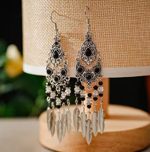 Liliana® | Vintage Crystal Black Rhinestone Leaf Tassel Earrings