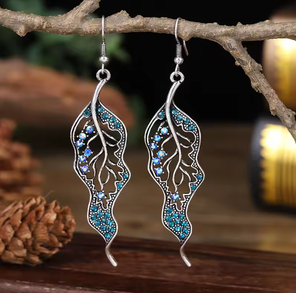 Thora® | Crystal Rhinestone Leaf Long Dangle Earrings