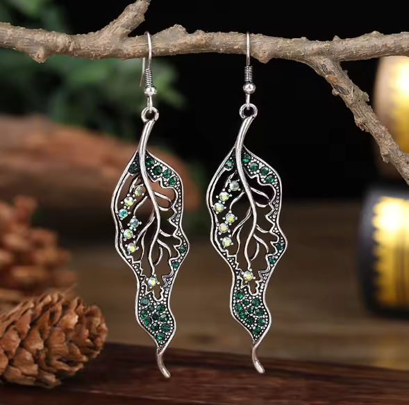 Adriana® | Green Rhinestone Crystal Leaf Dangle Earrings