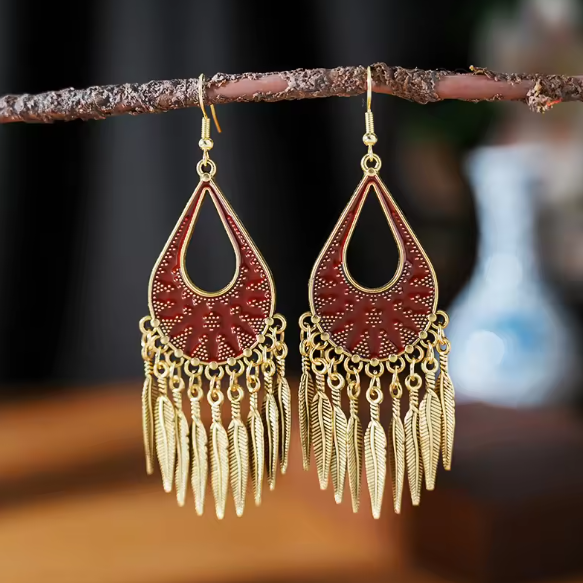 Poppy® | Bohemian Red Tribe Leaf Dangle Gold Earrings