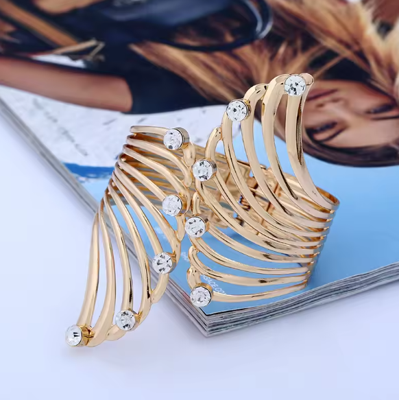 Patricia® | Wide Gold Feather Rhinestone Bangle Bracelet