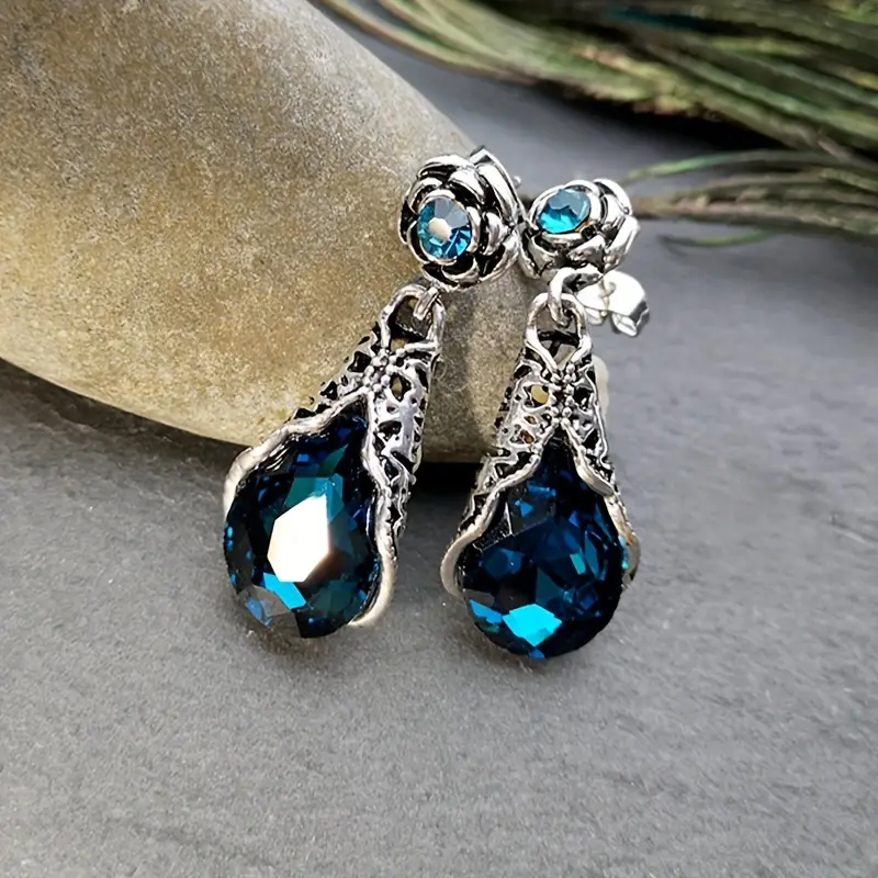 Rhea® | Vintage Blue Crystal Drop Silver Earrings