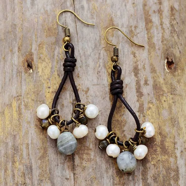 Fabiola® | Vintage Dangling Leather & Stones Earrings