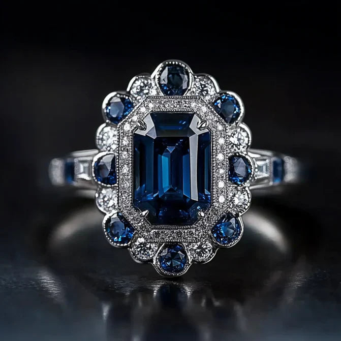 Sabine® | Vintage Blue Crystal Mandala Silver Ring